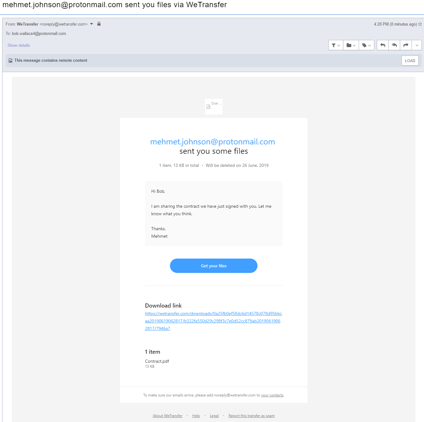 Example of a phishing email using a Dropbox file share through WeTransfer. This incident was investigated by the Mossé Security CSIRT (Computer Security Incident Response Team).