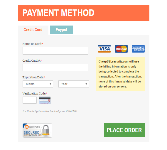 Payment method screenshot when purchasing SSL Certificate