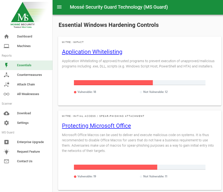 Mossé Security Guard Technology - A tool to scan for vulnerabilities due to lack of Windows security hardening. Countermeasures checked include Application Whitelisting and Protecting Microsoft Office.