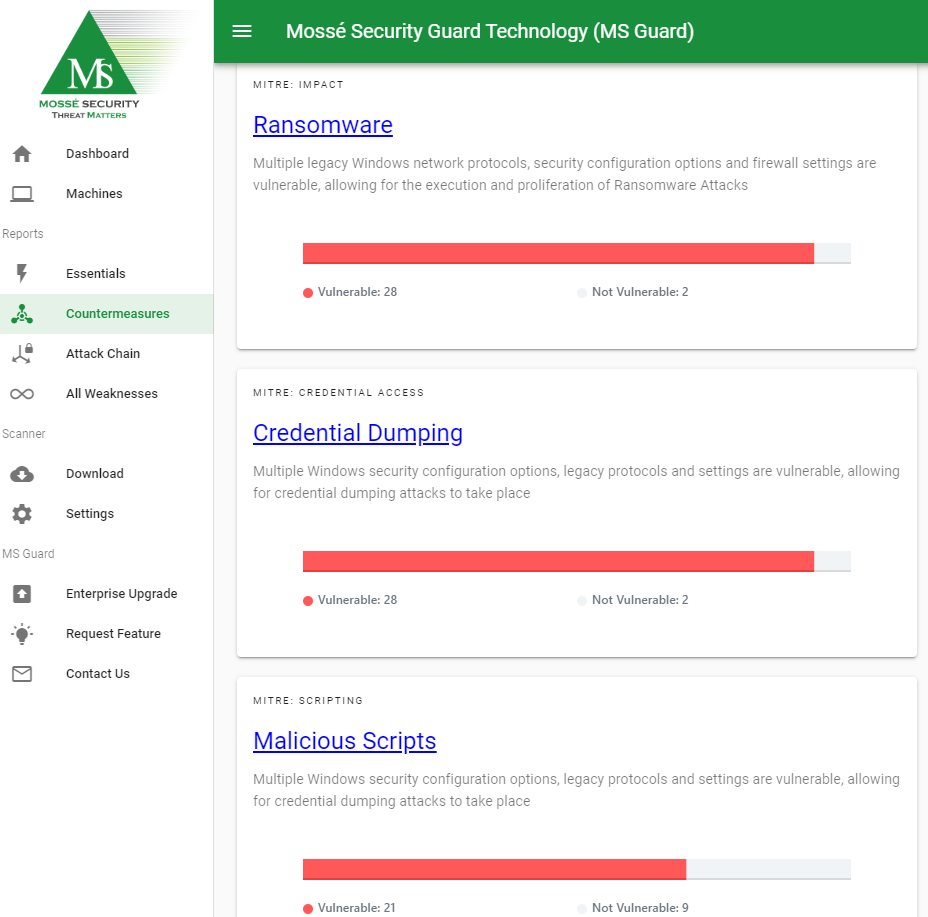 Mossé Security Guard Technology - A tool to scan for vulnerabilities due to lack of Windows security hardening. Countermeasures checked include Ransomware, Credential Dumping and Malicious Scripts