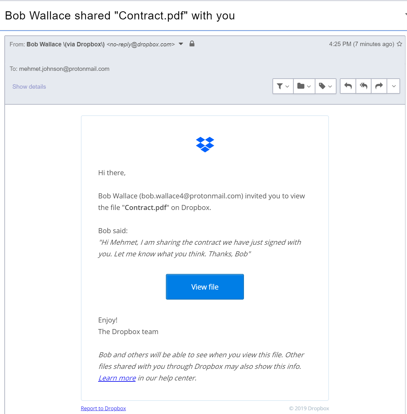 Example of a phishing email using a Dropbox file share. This incident was investigated by the Mossé Security CSIRT (Computer Security Incident Response Team).