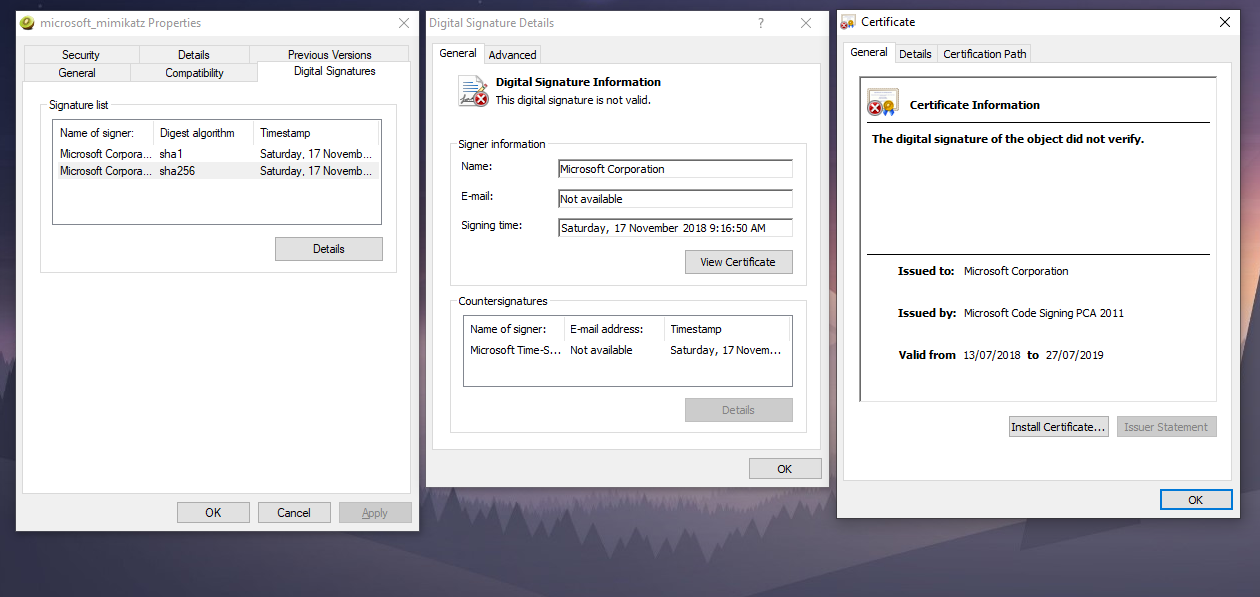 Digitial signature from Microsoft on Mimikatz executable